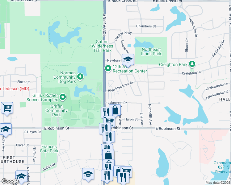 map of restaurants, bars, coffee shops, grocery stores, and more near 1300 High Meadows Drive in Norman