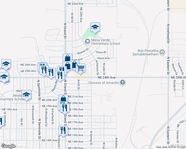 map of restaurants, bars, coffee shops, grocery stores, and more near 4001-4099 Northeast 24th Avenue in Amarillo