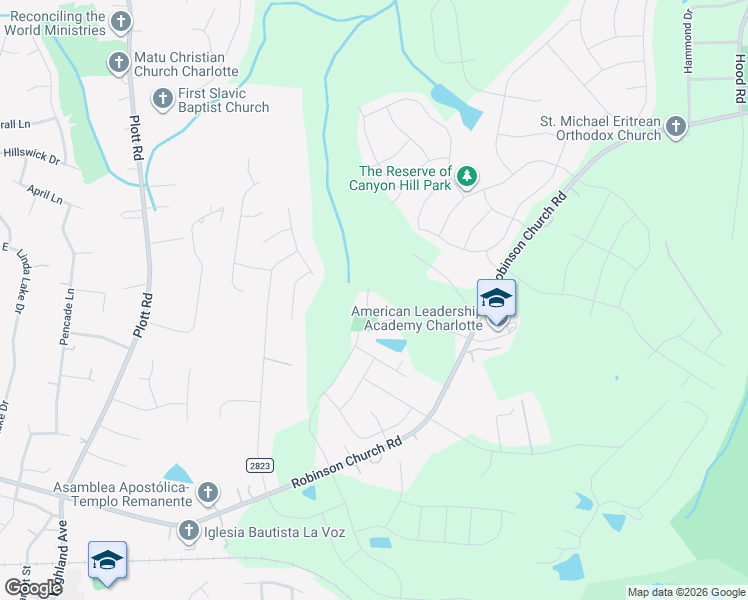 map of restaurants, bars, coffee shops, grocery stores, and more near 7925 Robinson Church Road in Charlotte