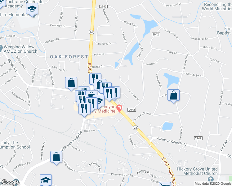 map of restaurants, bars, coffee shops, grocery stores, and more near in Charlotte