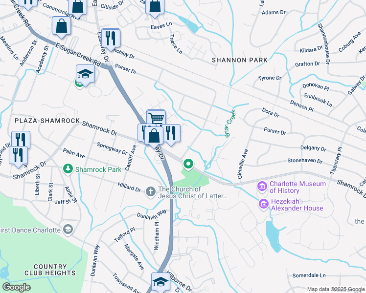 map of restaurants, bars, coffee shops, grocery stores, and more near 2520 Finchley Drive in Charlotte