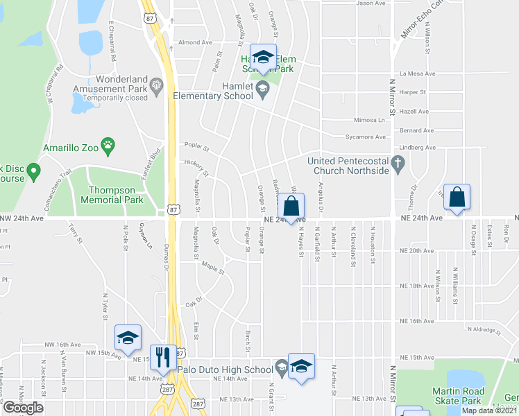 map of restaurants, bars, coffee shops, grocery stores, and more near 2405 Orange Street in Amarillo