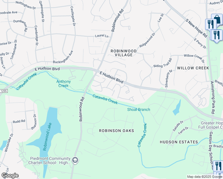 map of restaurants, bars, coffee shops, grocery stores, and more near 1930 Robinwood Road in Gastonia
