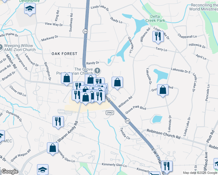 map of restaurants, bars, coffee shops, grocery stores, and more near in Charlotte