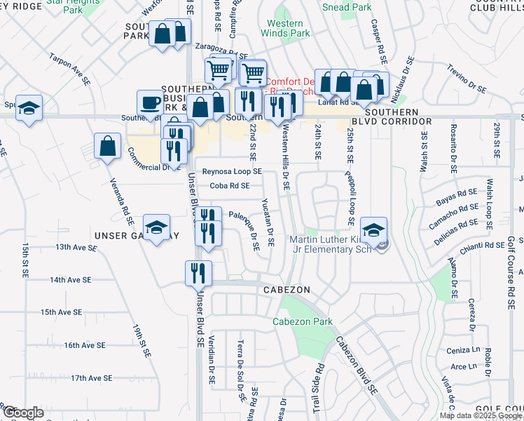 map of restaurants, bars, coffee shops, grocery stores, and more near 1353 Yucatan Drive Southeast in Rio Rancho