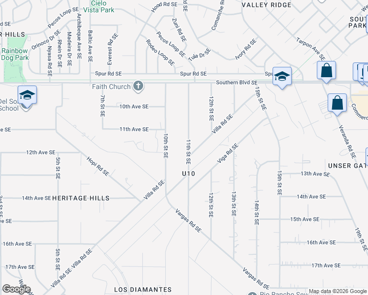 map of restaurants, bars, coffee shops, grocery stores, and more near 1106 Villa Road Southeast in Rio Rancho