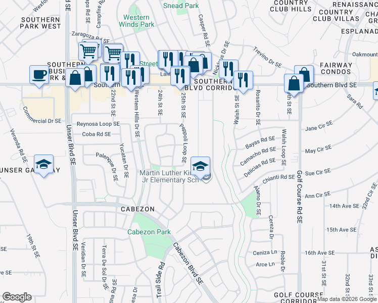map of restaurants, bars, coffee shops, grocery stores, and more near 1205 26th Street Southeast in Rio Rancho