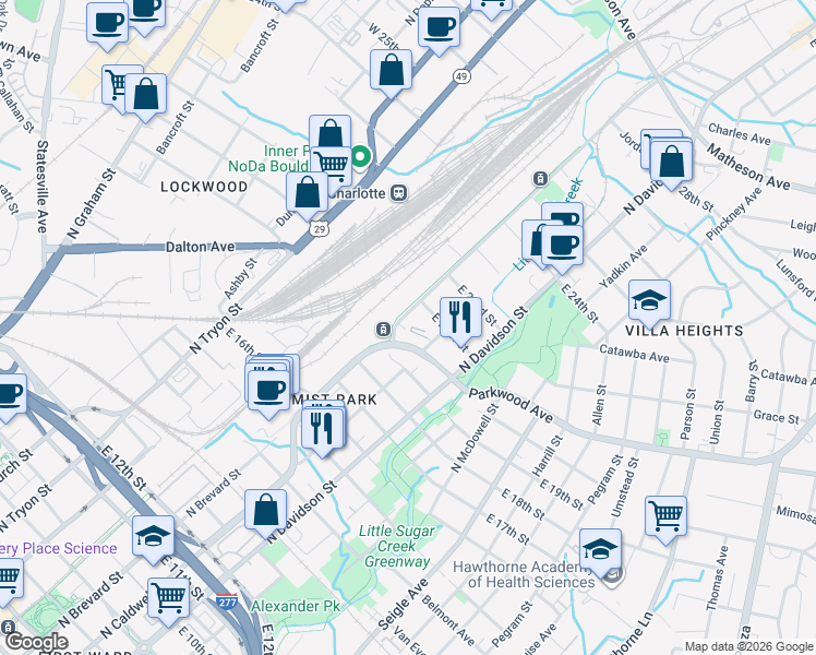 map of restaurants, bars, coffee shops, grocery stores, and more near 1700 North Brevard Street in Charlotte