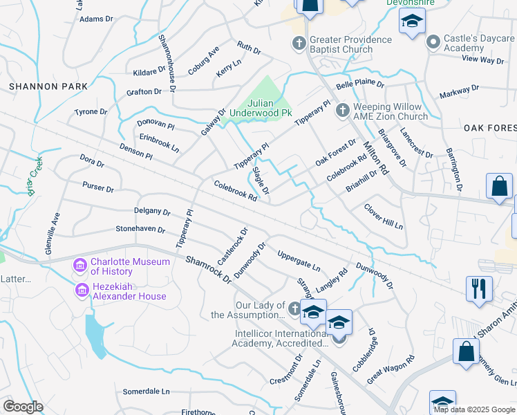 map of restaurants, bars, coffee shops, grocery stores, and more near 4209 Foxford Place in Charlotte