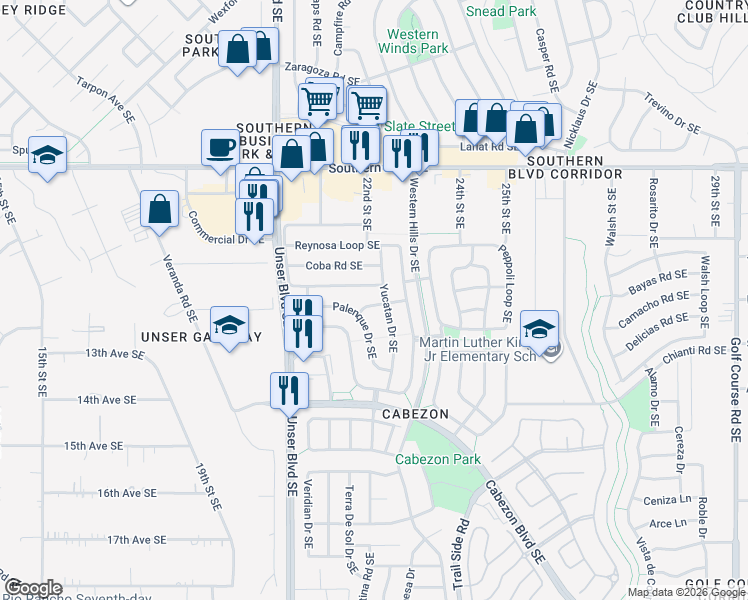 map of restaurants, bars, coffee shops, grocery stores, and more near 2221 Mayapan Road Southeast in Rio Rancho