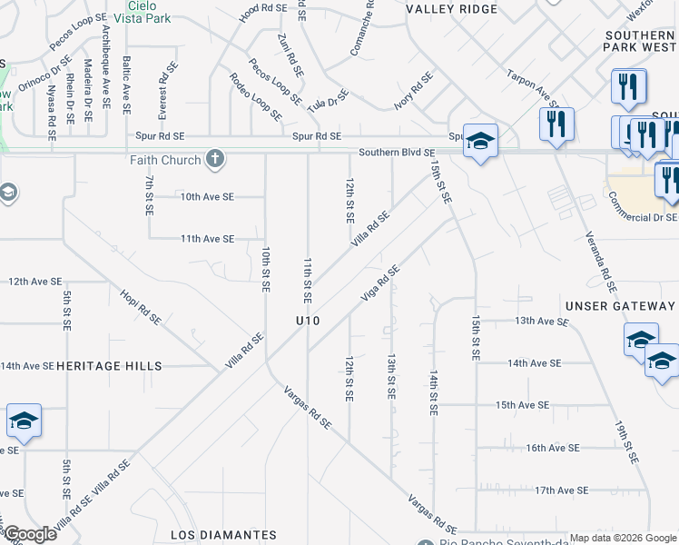 map of restaurants, bars, coffee shops, grocery stores, and more near 1122 Villa Road Southeast in Rio Rancho
