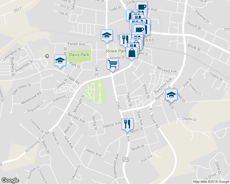 map of restaurants, bars, coffee shops, grocery stores, and more near 121 South Central Avenue in Belmont