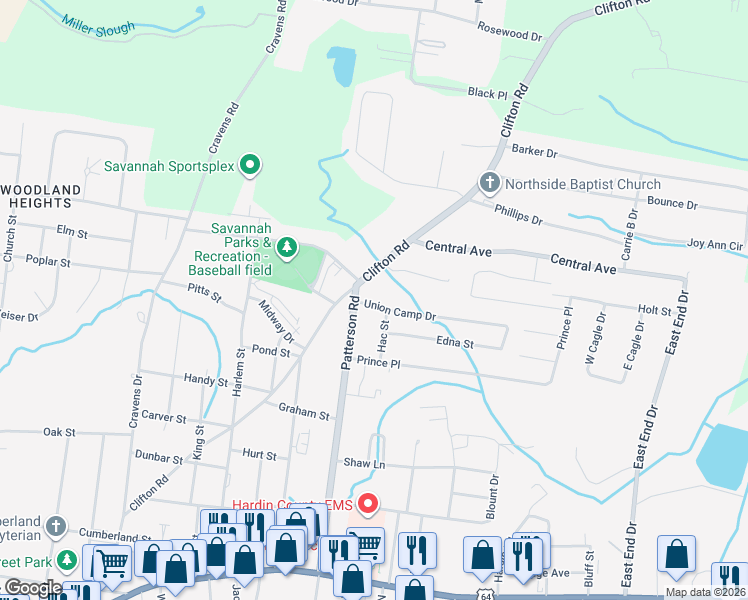 map of restaurants, bars, coffee shops, grocery stores, and more near 650 Patterson Road in Savannah