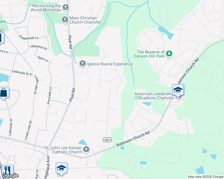 map of restaurants, bars, coffee shops, grocery stores, and more near 6915 Kentucky Derby Drive in Charlotte