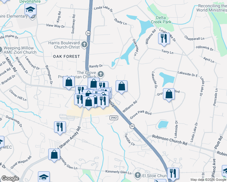 map of restaurants, bars, coffee shops, grocery stores, and more near in Charlotte