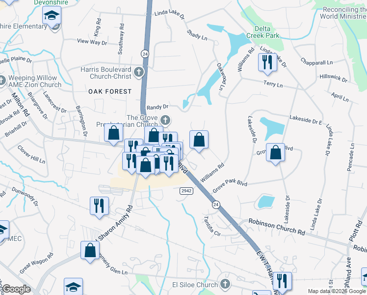 map of restaurants, bars, coffee shops, grocery stores, and more near in Charlotte