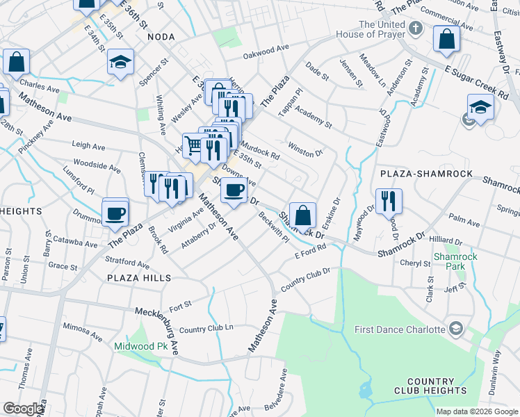 map of restaurants, bars, coffee shops, grocery stores, and more near in Charlotte