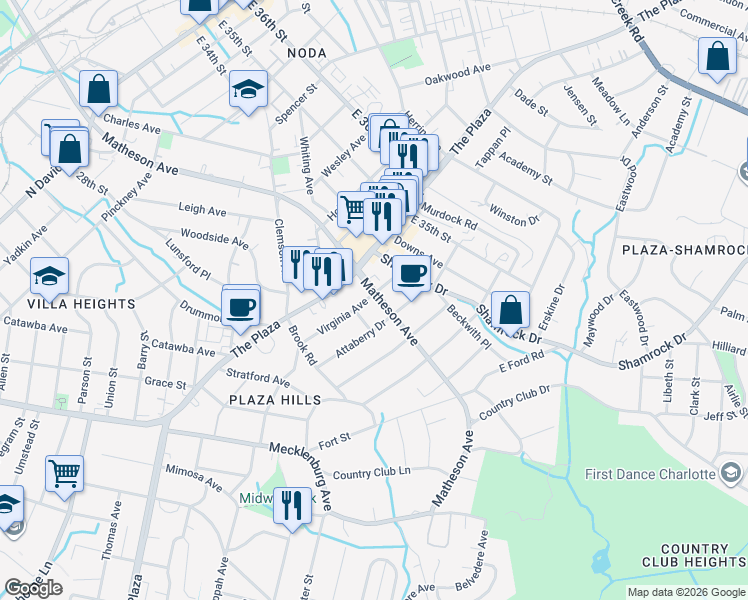 map of restaurants, bars, coffee shops, grocery stores, and more near in Charlotte