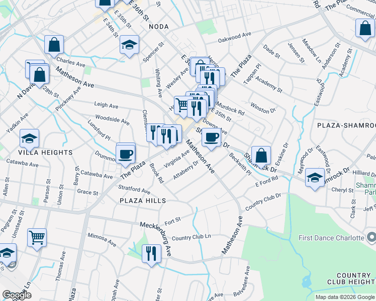 map of restaurants, bars, coffee shops, grocery stores, and more near in Charlotte