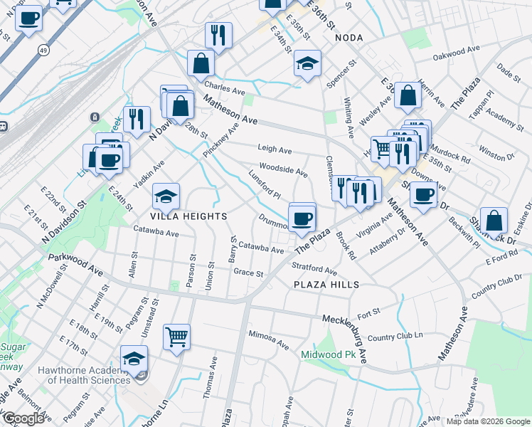 map of restaurants, bars, coffee shops, grocery stores, and more near in Charlotte