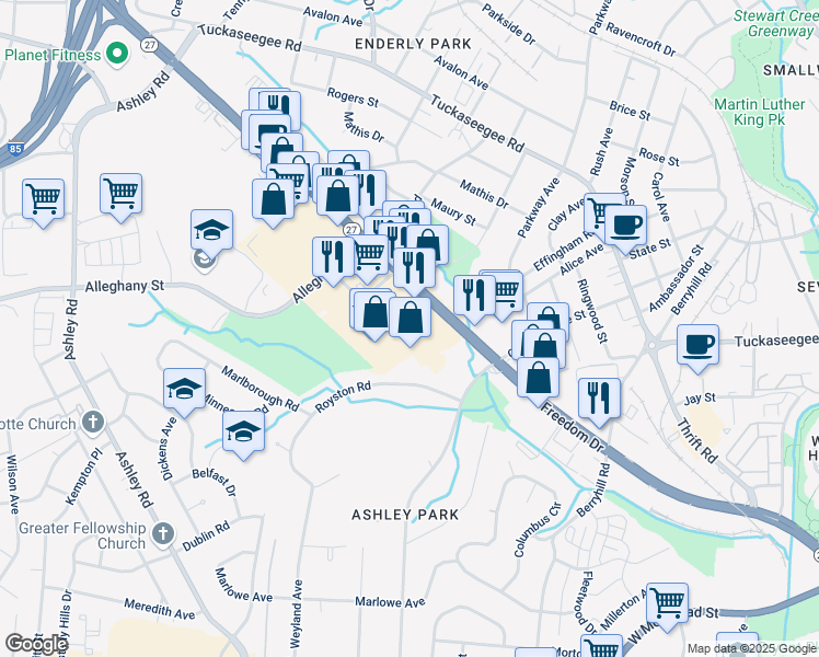 map of restaurants, bars, coffee shops, grocery stores, and more near 2615 Freedom Dr in Charlotte