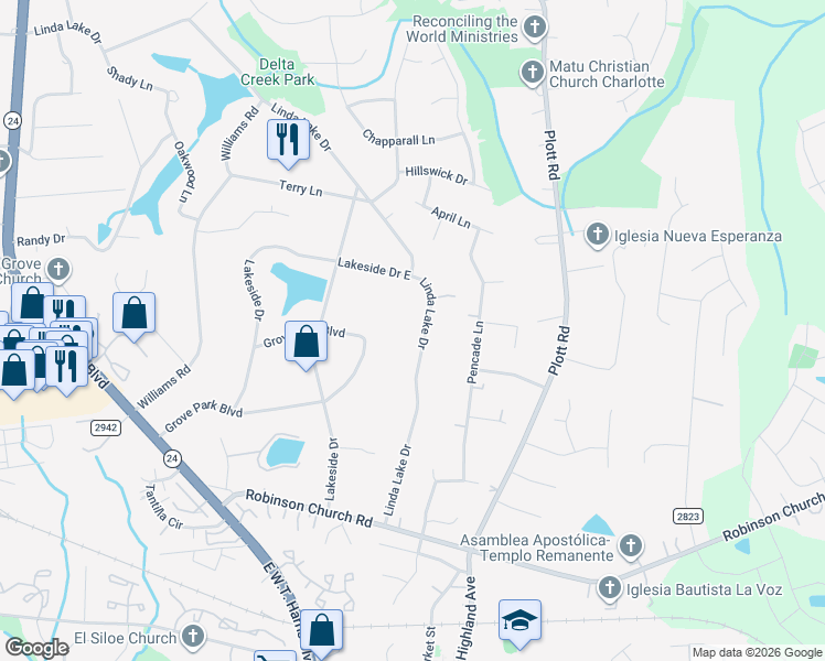 map of restaurants, bars, coffee shops, grocery stores, and more near 6825 Linda Lake Drive in Charlotte