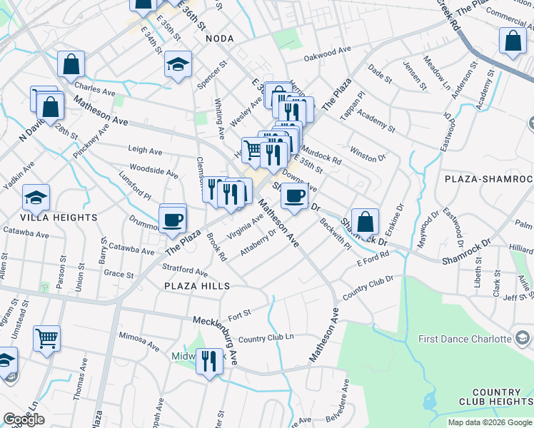 map of restaurants, bars, coffee shops, grocery stores, and more near in Charlotte