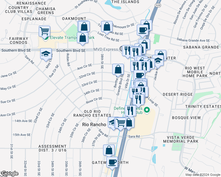 map of restaurants, bars, coffee shops, grocery stores, and more near 3807 34th Circle Southeast in Rio Rancho
