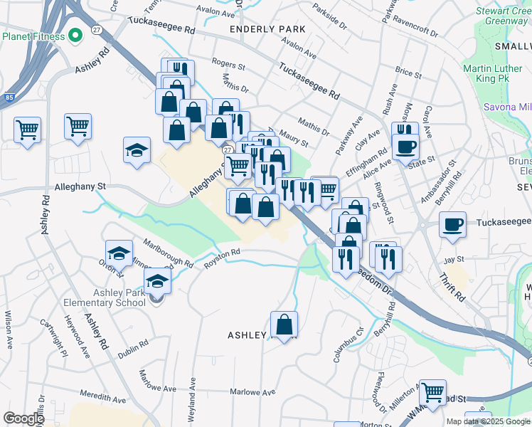 map of restaurants, bars, coffee shops, grocery stores, and more near 2635 Freedom Drive in Charlotte