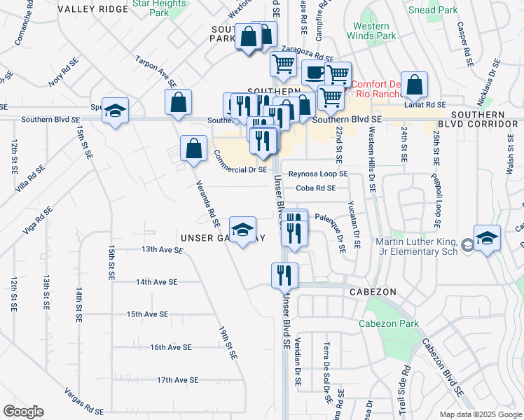map of restaurants, bars, coffee shops, grocery stores, and more near 1944 12th Avenue Southeast in Rio Rancho
