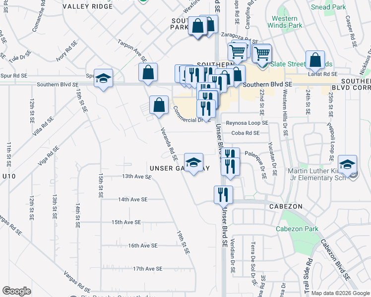 map of restaurants, bars, coffee shops, grocery stores, and more near 1835 12th Avenue Southeast in Rio Rancho