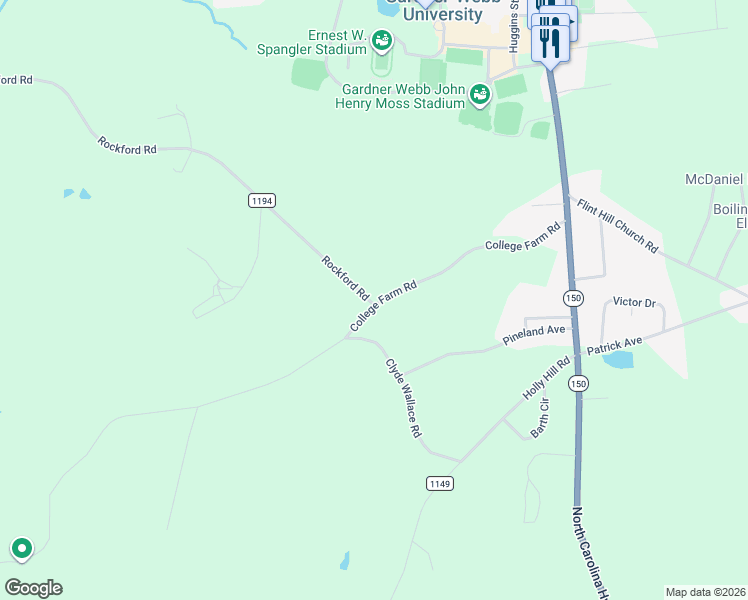 map of restaurants, bars, coffee shops, grocery stores, and more near 301 College Farm Road in Shelby