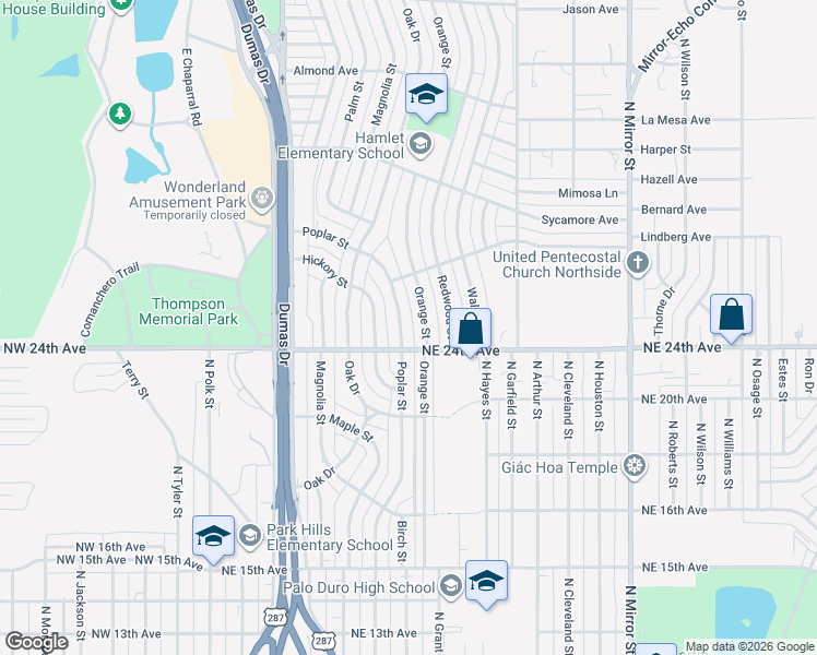 map of restaurants, bars, coffee shops, grocery stores, and more near 2401 Orange Street in Amarillo