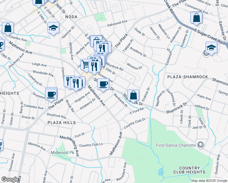 map of restaurants, bars, coffee shops, grocery stores, and more near in Charlotte