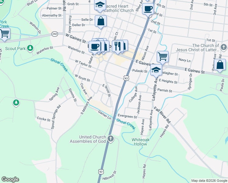 map of restaurants, bars, coffee shops, grocery stores, and more near 219 Plummer Street in Lawrenceburg