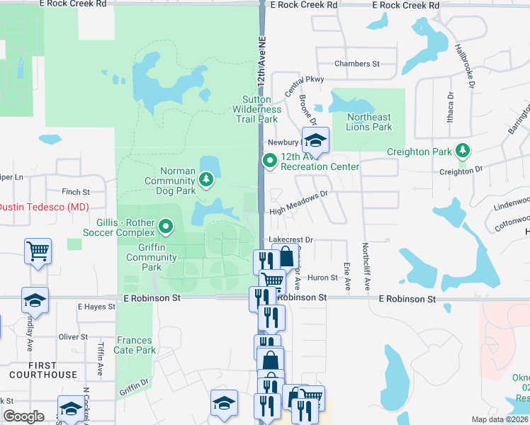 map of restaurants, bars, coffee shops, grocery stores, and more near 1200 High Meadows Drive in Norman