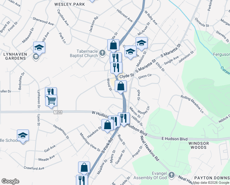 map of restaurants, bars, coffee shops, grocery stores, and more near 2009 Wood Street in Gastonia