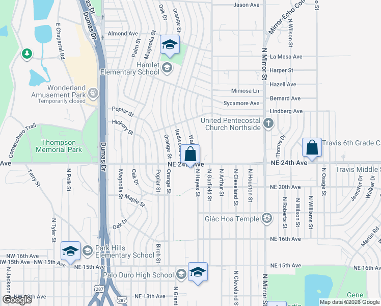 map of restaurants, bars, coffee shops, grocery stores, and more near 2400 Redwood Street in Amarillo
