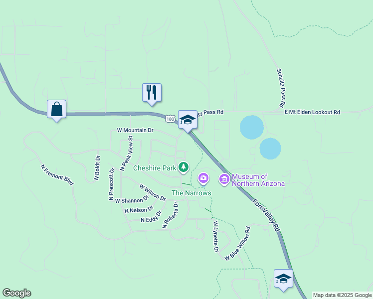 map of restaurants, bars, coffee shops, grocery stores, and more near 3100 North Joy Lane in Flagstaff