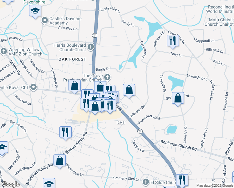 map of restaurants, bars, coffee shops, grocery stores, and more near in Charlotte