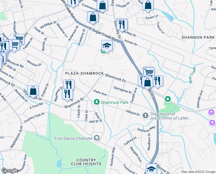 map of restaurants, bars, coffee shops, grocery stores, and more near 2641 Palm Avenue in Charlotte