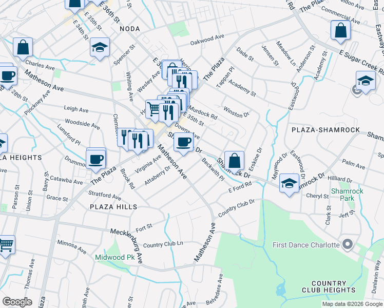 map of restaurants, bars, coffee shops, grocery stores, and more near in Charlotte