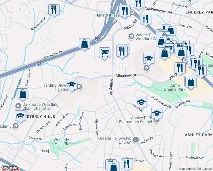 map of restaurants, bars, coffee shops, grocery stores, and more near in Charlotte