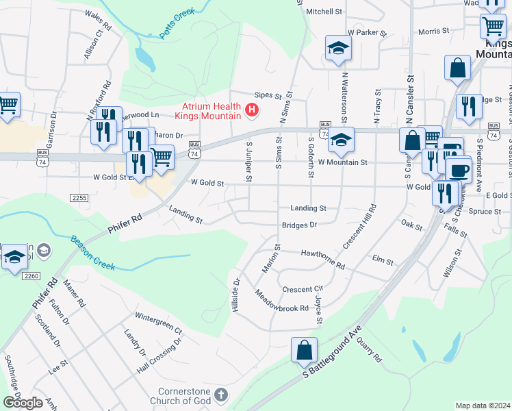 map of restaurants, bars, coffee shops, grocery stores, and more near 712 Bridges Drive in Kings Mountain