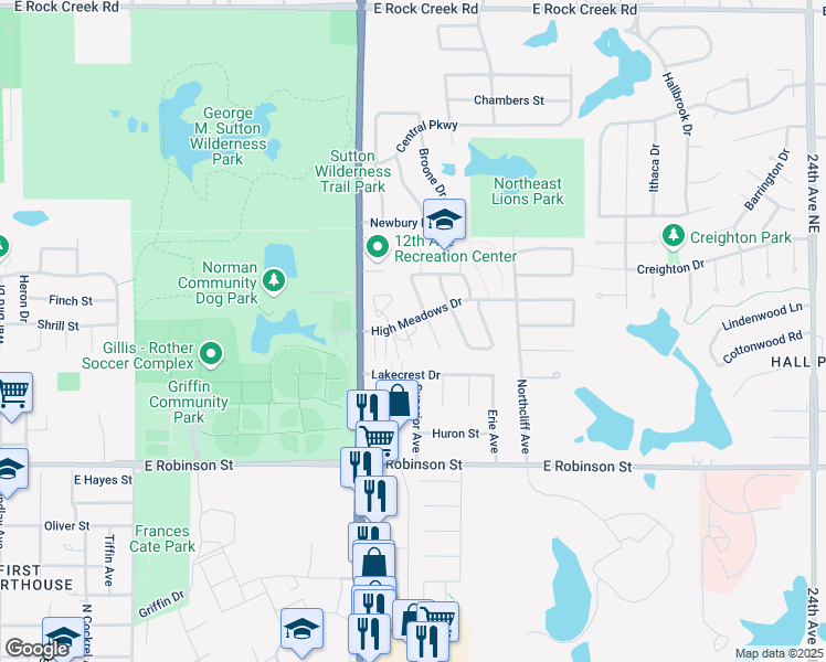 map of restaurants, bars, coffee shops, grocery stores, and more near 1300 High Meadows Drive in Norman