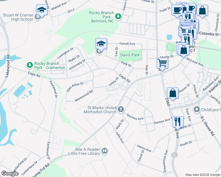 map of restaurants, bars, coffee shops, grocery stores, and more near 572 Summerfield Place in Belmont