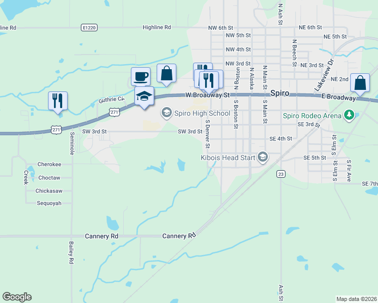 map of restaurants, bars, coffee shops, grocery stores, and more near 514 Southwest 3rd Street in Spiro