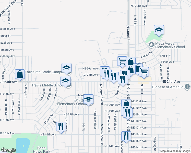 map of restaurants, bars, coffee shops, grocery stores, and more near 3205 Northeast 24th Avenue in Amarillo