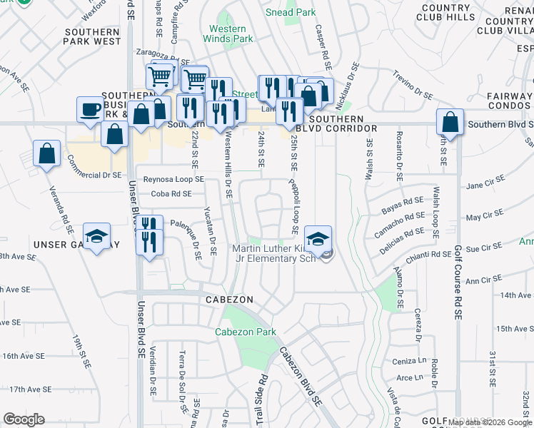 map of restaurants, bars, coffee shops, grocery stores, and more near 2401 Anitori Drive Southeast in Rio Rancho