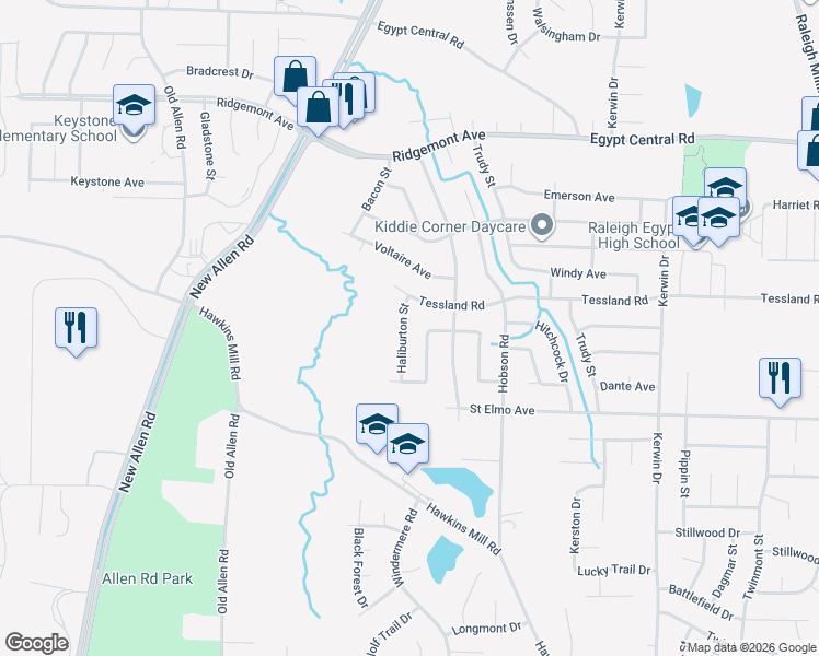 map of restaurants, bars, coffee shops, grocery stores, and more near 4053 Haliburton Street in Memphis